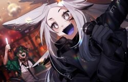 1boy :d animal_ears arm_up black_gloves black_hair blurry blurry_background dya_rikku_(vtuber) female gloves green_eyes green_hair headband holding holding_microphone jacket long_hair long_sleeves looking_at_viewer mask microphone open_mouth sharp_teeth shirt silver_hair smile sunglasses teeth vyugen white_hair