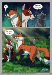 ambiguous_gender animal_genitalia balls bitterstrawberries black_body black_fur canid canine closed_eyes comic end_page english_text feral fox fully_sheathed fur genitals grass group hi_res jacket_(bitterstrawberries) looking_back male male_(lore) mammal orange_body orange_fur outside plant scratching shawl_(bitterstrawberries) sheath spots tanner_(bitterstrawberries) text trio white_spots