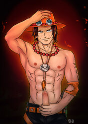 1boy abs akuma_no_mi bara black_hair censored erection hat human looking_at_viewer male male_only mera_mera_no_mi muscle one_piece penis portgas_d_ace shirtless smile solo yaoi