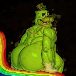 1:1 absurd_res animatronic anthro ass bear big_butt bubble_butt clothing clover_(plant) clover_leaf five_nights_at_freddy's four_leaf_clover freddy_(fnaf) gloves gold_(metal) gold_tooth green_body green_clothing green_hat green_headwear handwear hat headgear headwear hi_res holidays huge_butt jewelry koenics leaf looking_at_viewer looking_back looking_back_at_viewer machine male mammal mostly_nude musclegut muscular necklace plant presenting presenting_hindquarters rainbow rear_view robot shamrock shamrock_freddy_(fnaf) sitting solo st._patrick's_day text top_hat