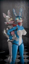 2girl 2girls 3d afafafewg animatronic animatronics ass blue_skin blush bowtie breasts bunny_ears female female/female five_nights_at_freddy's five_nights_at_freddy's_2 five_nights_at_freddy's_4 fnaf fnaf_2 fnaf_4 fox_ears fuck_nights_at_frederika's furry furry_tail glowing_eyes green_eyes highres hip_grab lesbian mangle_(fnaf) pink_skin robot robotic sex smiling tail tie toy_bonnie_(fnaf) white_hair white_skin yellow_eyes