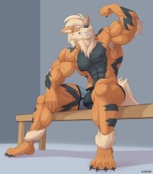 abs anthro arcanine armpit_tuft biceps big_muscles blue_eyes bottomwear bulge canid canine claws clothed clothing detailed_bulge digital_drawing_(artwork) digital_media_(artwork) feet flexing flexing_bicep full-length_portrait fur generation_1_pokemon genital_outline hair hi_res kaioat looking_at_viewer male mammal muscular muscular_anthro muscular_male nintendo nipples pecs penis_outline pokemon pokemon_(species) portrait shirtless shorts simple_background sitting smile smirk solo tail teeth vein veiny_muscles watermark