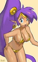 1girls big_breasts bikini bikini_bottom bikini_top blue_eyes bottomwear breasts cleavage ear_piercing earrings female female_only golden_bikini golden_week hair hand_on_hip hips hoop_earrings kipnitt pointy_ears ponytail purple_hair shantae shantae_(character) smile solo solo_female swimwear thighs topwear