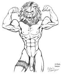 1boy abs bara biceps chris_sawyer eyewear fangs feline flexing glasses lion male male_only mammal mane muscular navel pecs penis solo vein veiny_penis