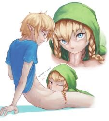 1boy 1girls 2d 2d_(artwork) 2d_artwork artist_name artist_request blowjob blue_eyes deep_blowjob female link linkle male pov white_background yellow_hair