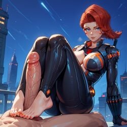 1boy 1girls ai_generated big_penis black_widow_(marvel) black_widow_(marvel_rivals) clothed female female_focus female_only foot_fetish footjob male marvel marvel_rivals penis toyotaku