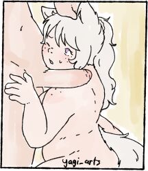 1boy accalia_(@yagi_arts) animal_ears chubby chubby_female female hand_on_head impending_sex large_penis male original_character penis sweatdrop white_hair wolf_ears wolf_girl wolf_tail yagi_arts