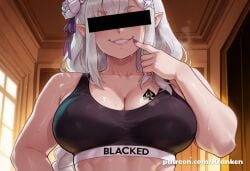 1girls ai_generated bbc_slave big_breasts blacked blacked_clothing blacked_tattoo breasts censor_bar censored_face cheating_husband cuckold emilia_(re:zero) female female_focus female_only kranken large_breasts legs light-skinned_female nail_polish nails nails_painted netorare ntr patreon patreon_url patreon_username purple_nails queen_of_spades re:zero_kara_hajimeru_isekai_seikatsu solid_color_background solo solo_female solo_focus sports_bra sports_shorts standing standing_position thick_female thick_thighs white_hair