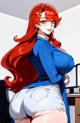 ai_generated auburn_hair beautiful booty_shorts claire_(moemate) creamy_ai eyelashes from_behind gold_eyes large_breasts lipstick long_coat long_hair original red_hair stepmother sweet thick_thighs turtleneck valkris9 wide_hips