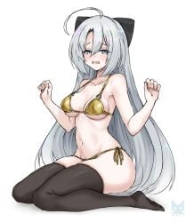 blush duel_masters embarrassed hands_up kanon_(duel_masters) looking_at_viewer medium_breasts micro_bikini open_mouth shy sitting sitting_on_floor soles thighhighs watermark