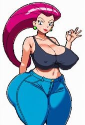 ai_generated ass booty breasts female hips huge_ass huge_breasts jeans jessie_(pokemon) lips lipstick lubbasdump magenta_hair ok_sign pixel_art wide_hips
