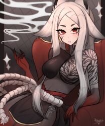animal_ears blush breasts claws dya_rikku_(vtuber) female hand_on_hip large_breasts long_hair looking_at_viewer parted_bangs red_eyes shirt signature silk solo sparkle sparkle_background spider_web tail thick_eyebrows vyugen white_hair