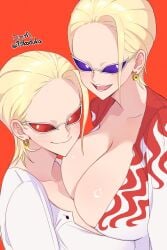 2girls big_breasts big_forehead blonde_hair blush cleavage clone donquixote_doflamingo dual_persona earrings female female_only genderswap_(mtf) hair_slicked_back hoop_earrings huge_breasts kituneduka_710 no_bra no_eyebrows one_piece orange_background post-timeskip pre-timeskip rule_63 short_hair smile sunglasses time_paradox upper_body