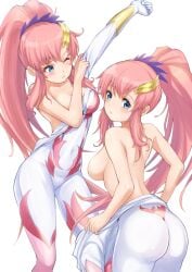 1girls ass blue_eyes bodysuit breasts dressing female gundam gundam_seed gundam_seed_freedom highres impossible_bodysuit impossible_clothes lacus_clyne long_hair looking_at_viewer mecha_pilot_suit mobile_suit normal_suit_(gundam) pariya_0001 pink_hair ponytail skin_tight spacesuit