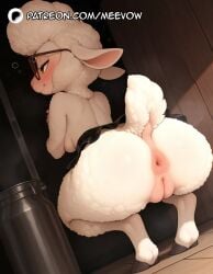 1girls ai_generated animal_ears anus ass black_skirt blush body_fur breasts dawn_bellwether female from_behind furry furry_female glasses green_eyes hooves indoors meevow patreon_logo pussy pussy_juice skirt smile solo squatting tail tiptoes uncensored zootopia