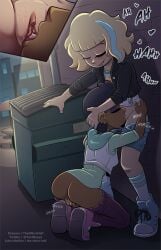 2girls alley black_leather_jacket blonde_hair blue_streaks chloe chloe_(svtfoe) cunnilingus dark-skinned_female disney female female_only human jackie_lynn_thomas kneeling masturbating_during_cunnilingus multiple_girls public_sex smiling star_vs_the_forces_of_evil teenage_couple teenage_girl teenager teenager_on_teenager the_other_half tomboy young yuri