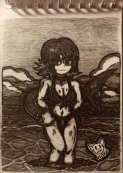 art_request beach beach_background bikini black_bikini black_clothing black_hair clouds ellen_joe request requested sky traditional traditional_art zenless_zone_zero