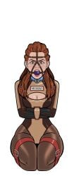 1female 1girls aloy alternate_costume ball_gag bdsm bdsm_collar bondage bondage_outfit boob_window collar female freckles gag gagged harness_ball_gag harness_gag head_harness horizon_zero_dawn latex latex_bodysuit latex_clothing leather_straps legbinder numbered_tag straitjacket wossarem