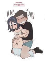 1boy 1girls angel_martinez black_hair blush brown_hair clenched_teeth clinical_trial_(game) cum female kneeling lee_smith male premature_ejaculation pubic_hair pubic_stubble pussy simple_background stockings straight sweat tagme white_background