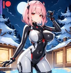 1girls ai_generated android bodysuit breasts female kuriboh_ex_(artist) large_breasts latex oppai pink_hair red_eyes robot rubber sexaroid