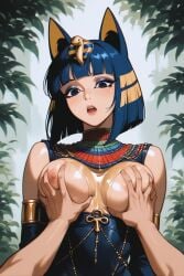 ai_generated animal_crossing ankha ankha_(animal_crossing) blue_hair breasts cat_ears catgirl dark_blue_hair dark_eyes daytime egyptian exposed_breasts eyeshadow faprunner78 fondling fondling_breast forest groping groping_breasts hair_accessory medium_breasts natural_breasts nipples open_mouth outdoors short_hair slim_girl slim_waist soft_breasts surprised surprised_expression waist yellow_highlights