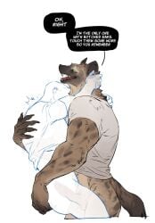 anthro balls bottomless bottomless_male clothed clothing dialogue do72k duo english_text erection fangs fingers fur genitals green_eyes grey_clothing grey_shirt grey_topwear hand_on_back hand_on_butt hard_translated hi_res hug human human_on_anthro hyena interspecies larger_anthro male male/male male_anthro male_on_anthro male_on_human mammal markings mobian_(do72k) monotone_clothing multicolored_body multicolored_fur muscular muscular_anthro muscular_male notched_ear open_mouth penetration red_tongue sex shirt shirt_only side_view size_difference smaller_human speech_bubble spots spotted_body spotted_fur spotted_hyena tail teeth text third-party_edit tongue topwear topwear_only translated translation_edit translucent translucent_body white_text