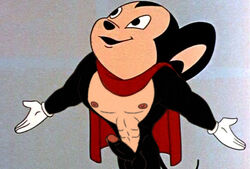 abs anthro black_penis cape cbs_(broadcasting_company) clothing_removed edited erect_nipples erection exposed_nipples feet_out_of_frame gloves grey_background humanoid_penis looking_up male male_only mammal mighty_mouse mighty_mouse_(character) mouse naked_cape outspread_arms pecs penis presenting_penis rodent round_ears screenshot screenshot_edit smile solo tail terrytoons