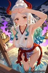 1girls 2025 ai_generated arm_up armpit armpits bare_arms bare_shoulders blush breasts closed_mouth curled_horns earrings eroflow fisheye green_hair hi_res highres hoop_earrings horns japanese_clothes jewelry kimono large_breasts long_hair looking_at_viewer multicolored_horns night nipples one_piece one_piece_swimsuit oni onsen orange_eyes outdoors patreon red_horns sleeveless sleeveless_kimono smile solo standing toes voluptuous voluptuous_female wano_country water wet wet_clothes white_hair white_kimono yamato yamato_(one_piece) yamato_(one_piece)_(cosplay)