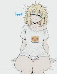 1boy :3 ai_assisted ai_generated animal_print arm_support bangs blonde_hair blue_eyes bridget cleavage closed_mouth clothes_writing collarbone english_text femboy grey_background guilty_gear hair_between_eyes half-closed_eyes looking_at_viewer male medium_hair messy_hair off_shoulder panties shirt short_hair short_sleeves simple_background sitting sleepy smile solo sondu t-shirt thighs underwear waking_up white_panties white_shirt
