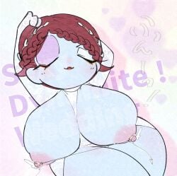 alternate_body_type alternate_breast_size arms_up auburn_hair big_breasts blue_body blue_skin breasts_out closed_eyes female female_only gegege_no_kitarou ghost_girl huge_breasts iwako_(gegege_no_kitarou) kitarou_tanjou_gegege_no_nazo large_areolae linked_nipples machiyaenisi makeup milf minigirl nipple_rings pale-skinned_female pale_skin puffy_nipples shortstack smile solo wide_hips youkai