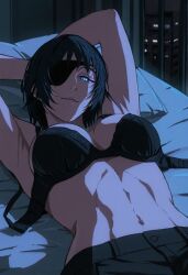 abs ai_generated armpits arms_up belly belly_button black_hair blue_eyes bra breasts chainsaw_man cleavage eyepatch female female_focus female_only half-dressed hands_behind_head himeno_(chainsaw_man) laying_down laying_on_back laying_on_bed light-skinned_female navel nordinex5 pale-skinned_female perfect_body pillow seductive seductive_look seductive_pose seductive_smile short_hair solo solo_female solo_focus stable_diffusion stomach toned_female tummy