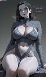 ai_generated big_breasts bigbizarts black_hair breasts curvaceous dress female goth_girl goth_mommy grey_skin grey_skinned_female kaida_(bigbizarts)