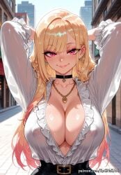 1girl 2026 ai_generated anime arms_behind_head arms_up bangs belt black_choker blonde_hair blush boobs breasts choker cleavage closed_mouth collarbone covered_nipples crossover ear_piercing earrings eye_contact female female_focus flushed frilled_shirt frills gradient_hair highres huge_breasts jewelry kitagawa_marin large_breasts lips long_hair long_sleeves looking_at_viewer marin_kitagawa multicolored_hair my_dress_up_darling necklace neutral_expression no_bra nsfw outdoors patreon patreon_username piercing pink_eyes red_eyes rognezart see-through shirt smile smiling solo sono_bisque_doll_wa_koi_wo_suru sweat sweaty swept_bangs upper_body very_long_hair white_shirt