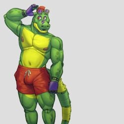 1:1 absurd_res alligator alligatorid anthro bottomwear bulge clothing crocodilian eyewear eyewear_on_head five_nights_at_freddy's five_nights_at_freddy's:_security_breach glasses glasses_on_head green_body grey_background hair hi_res koenics looking_aside male markings mohawk montgomery_gator_(fnaf) muscular muscular_male nipples pecs portrait red_bottomwear red_clothing red_hair red_shorts reptile scalie shorts simple_background solo spots spotted_body standing swimming_trunks swimwear three-quarter_portrait