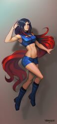 abs boots danderfull fit_female gravity_rush latex latex_clothing latex_shorts latex_topwear long_hair metroid muscular_arms muscular_female nintendo raven_(gravity_rush) samus_aran_(cosplay) shorts tattoo top two_tone_hair