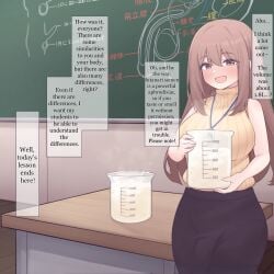 1futa absurdres after_masturbation aphrodisiac balls bare_arms big_balls big_breasts big_penis black_skirt breasts brown_eyes brown_hair bulge chalkboard character_request classroom clothed clothing covered_penis cum cum_in_container desk dialogue english_text excessive_cum flushed_face foreskin full-package_futanari fully_clothed futa_only futanari hair_between_eyes herm hermaphrodite highres horny human indoors intersex large_breasts light-skinned_futanari light_skin long_hair looking_at_viewer minishell multi_genitalia open_mouth original pencil_skirt penis presenting pussy retracted_foreskin sex_education skirt sleeveless sleeveless_sweater solo standing sweater teacher text translated uncircumcised yellow_sweater