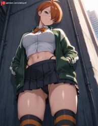1girls against_wall ai_generated alley ass_visible_through_thighs black_miniskirt black_panties boku_no_hero_academia bow breasts building city closed_mouth collared_shirt day deep_skin edosynf eyepatch female from_below green_eyes green_jacket hair_over_one_eye hands_in_pockets head_tilt highleg highleg_panties highres jacket kuin_hachisuka light_smile looking_at_viewer looking_down medical_eyepatch medium_breasts midriff miniskirt my_hero_academia navel open_jacket orange_bow orange_hair orange_thighhighs outdoors panties pleated pleated_skirt self_upload sexually_suggestive shade shiny shiny_hair shiny_skin shirt short_hair skirt smile solo solo_focus standing stomach striped striped_thighhighs sunlight thick_thighs thighhighs thighs thong upskirt vigilante:_my_hero_academia_illegals vigilante_-boku_no_hero_academia:_illegals- wall white_shirt zettai_ryouiki