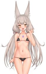 1girls absurdres alluring animal_ears bikini blush blushing cameltoe cat_ears feichu_keju female_only grey_hair highres long_hair nia nia_(blade)_(xenoblade) nia_(xenoblade) small_breasts solo solo_female transparent_background very_long_hair xenoblade_(series) xenoblade_chronicles_2 yellow_eyes