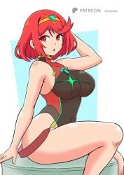 1girls bare_shoulders belly_button black_one-piece_swimsuit blush breasts cleavage female female_only gem jewelry large_breasts looking_at_viewer momocka_art nintendo one-piece_swimsuit pyra pyra_(pro_swimmer)_(xenoblade) red_eyes red_hair short_hair skimpy skimpy_clothes solo solo_female solo_focus swept_bangs swimsuit tagme thick_thighs tiara white_background xenoblade_(series) xenoblade_chronicles_2