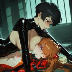 2girls ai_generated asuka_langley_sohryu black_hair bondage bound breast_smother breast_sucking female large_breasts neon_genesis_evangelion oc orientation_play rape scared small_breasts straight_to_gay sucking_nipples tears tomboy tsundere yuri