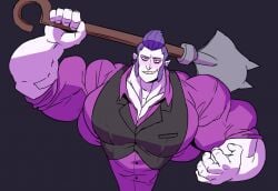 abs biceps brawl_stars clothing daddy holding_object large_chest male male_only mortis_(brawl_stars) muscular pecs purple_clothing purple_hair remert shovel solo solo_male
