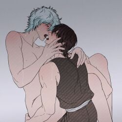 2boys aged_down ambiguous_penetration androgynous black_hair blush cleavage clothed_male_nude_female eye_contact female french_kiss gintama gintoki_sakata implied_sex japanese_clothes kissing light_blue_hair looking_at_another male muscular muscular_female muscular_male no_visible_genitalia nude nude_female open_mouth short_hair socincol sweat takasugi_shinsuke tomboy tongue_out very_short_hair
