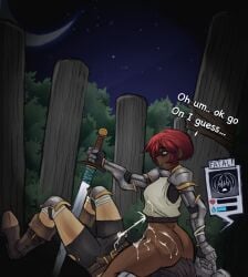 69 69_position armor background bad_end belt boots cottt(artist) cum cum_on_body cum_on_legs cum_on_stomach cum_on_thighs cum_through_clothes cumshot dark-skinned_female dark_skin death death_by_snoo_snoo death_by_snu_snu defeated defeated_hero english_text facesitting femdom game_over gloves green_eyes hands-free handsfree_ejaculation health_bar health_points knight lose male_death medieval medieval_armour original original_character red_hair smothering status_bar status_effect sword text warrior weapon