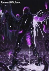 ai_generated aist_ black_body black_hair black_skin cum cum_drip cum_in_ass cum_in_mouth faceless futanari glowing_egg glowing_hair high_heels horsecock no_eyes original penis purple_nipples purple_penis purple_tentacles tentacle tentacle_rape tentacle_sex testicles
