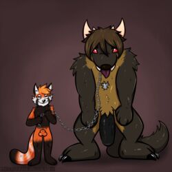 2016 anthro balls blue_eyes brown_fur chains dragon duo front_view fur furry horn kohomaru leash male mammal missvtheloser monster muscular nude penis red_eyes red_panda simple_background smile standing teeth tongue tongue_out vanton yaoi