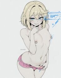 1boy ai_assisted bangs blonde_hair blue_eyes blush bridget bulge collarbone cowboy_shot english_text erection finger_to_mouth guilty_gear hair_between_eyes looking_at_viewer male_focus medium_hair navel navel_piercing nipple_piercing nipples otoko_no_ko panties penis penis_peek piercing short_shorts shorts simple_background smile solo sondu sweatdrop testicles topless_male twitter_username uncensored underwear
