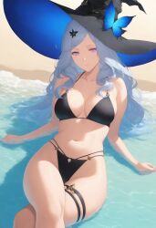 ai_generated beach bikini black_bikini blue_hair crossed_legs large_breasts long_hair nier_reincarnation nuer pale_skin purple_eyes saryu_(nier_reincarnation) sitting thick_thighs thighs wavy_hair witch witch_hat