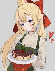 apron bangs blonde_hair blue_eyes blush bow breasts cake cake_slice closed_mouth eyebrows_visible_through_hairf female food fruit grey_background hairbow happy_birthday heart long_hair long_sleeves ponytail red_bow ribbed_sweater shirt simple_background sleeves_past_wrists smile solo strawberry striped sweater turtleneck turtleneck_sweater upper_body vertical_stripes very_long_hair vyugen yenko yenkoes