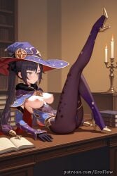 1girls 2025 ai_generated black_gloves black_hair black_pantyhose blue_leotard blush book breasts breasts_out candle closed_mouth detached_sleeves earrings eroflow female female_only fur-trimmed_capelet genshin_impact gloves gold_trim green_eyes hat hi_res high_heels highres hoyoverse indoors jewelry large_breasts leg_up legs leotard long_hair looking_at_viewer medium_breasts mihoyo mihoyo_technology_(shanghai)_co._ltd. mona_(genshin_impact) mona_(genshin_impact)_(cosplay) nipples on_table pantyhose patreon purple_hair solo sparkle_print star_earrings thighlet twintails voluptuous voluptuous_female witch_hat