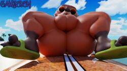 16:9 2024 3d_(artwork) anthro anus ass balls barely_visible_anus beach big_butt black_claws black_nose brown_markings butt_focus camseven canid canine claws clothing digital_media_(artwork) disney english_description eyewear flip_flops footwear fox front_view fur genitals glasses green_clothing green_footwear hi_res leg_markings male mammal markings nick_wilde orange_body orange_fur palm_tree pink_anus plant red_eyewear red_glasses round_glasses sandals shoes socks_(marking) solo surfboard thick_thighs tree wearing_glasses widescreen zootopia